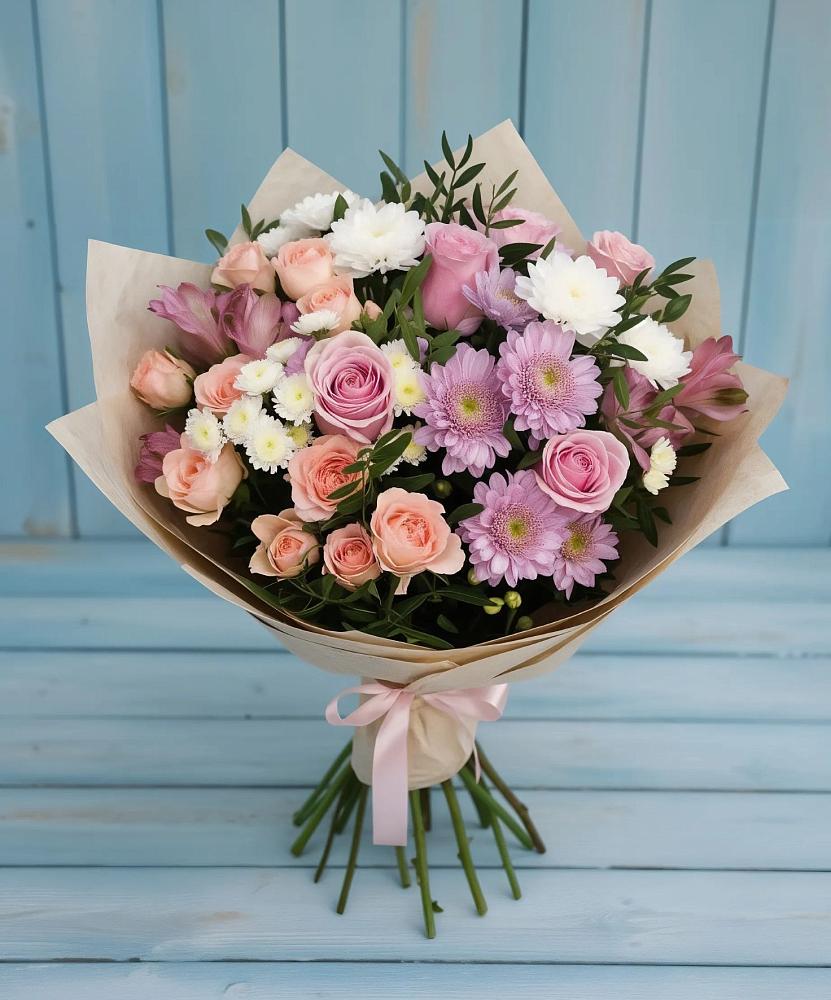 Букет цветов из: Хризантемы, Розы и Альстромерии в Новониколаевском