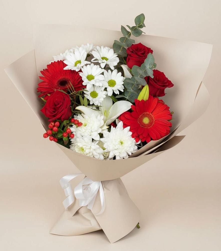Букет цветов из: Розы, Хризантемы, Герберы и Лилии в Новониколаевском
