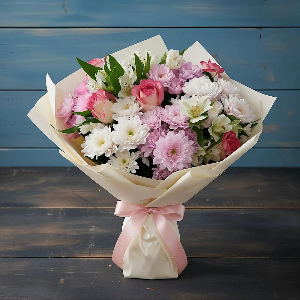 Букет цветов из: Хризантемы, Альстромерии и Розы в Новониколаевском